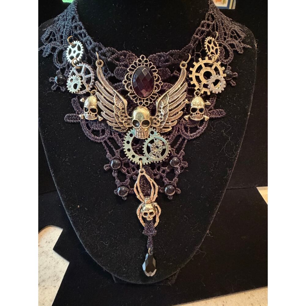 Steampunk Victorian Gothic lace choke a spider skull pendant industrial 16-18”